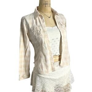 Limited Too Cream Plaid Button Up Shirt Sparkle Y2K Detail Size XS